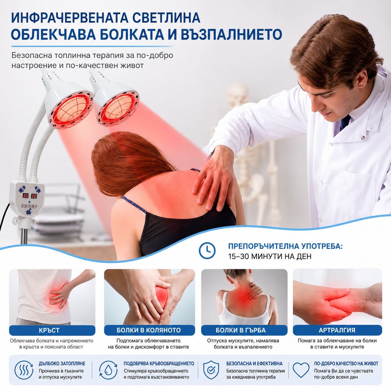 Инфрачервена лампа Xmed Professional с 1 или 2 глави за топлинна терапия, физиотерапия и рехабилитация — изображение 3